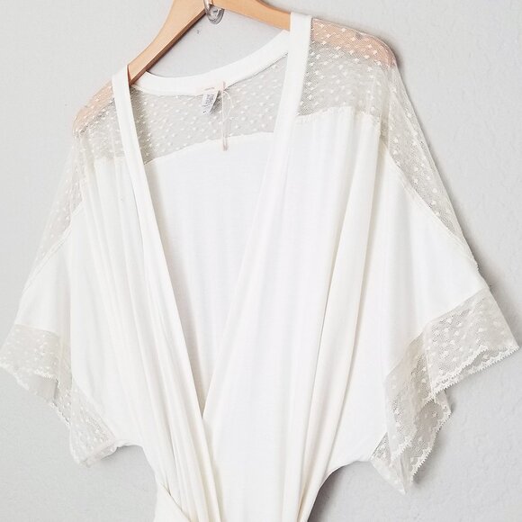 Eberjey Kimono Robe S Ivory Soft Modal Jersey Polka Dot Lace Mesh Inset Wrap Tie - Picture 4 of 15